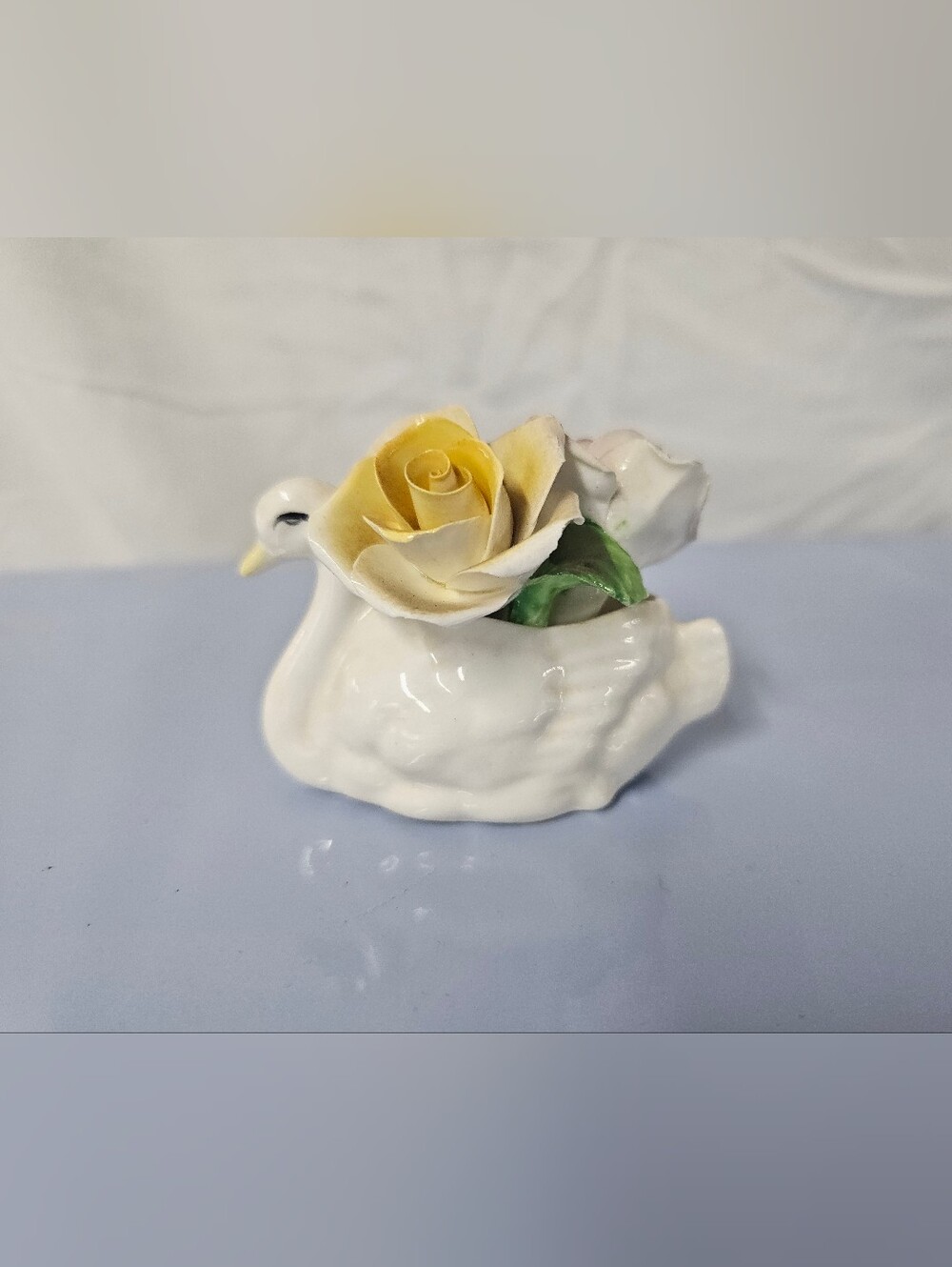 Vintage Thorley Bone China Swan Figurine with Hand-Modeled Pink & Yellow Roses